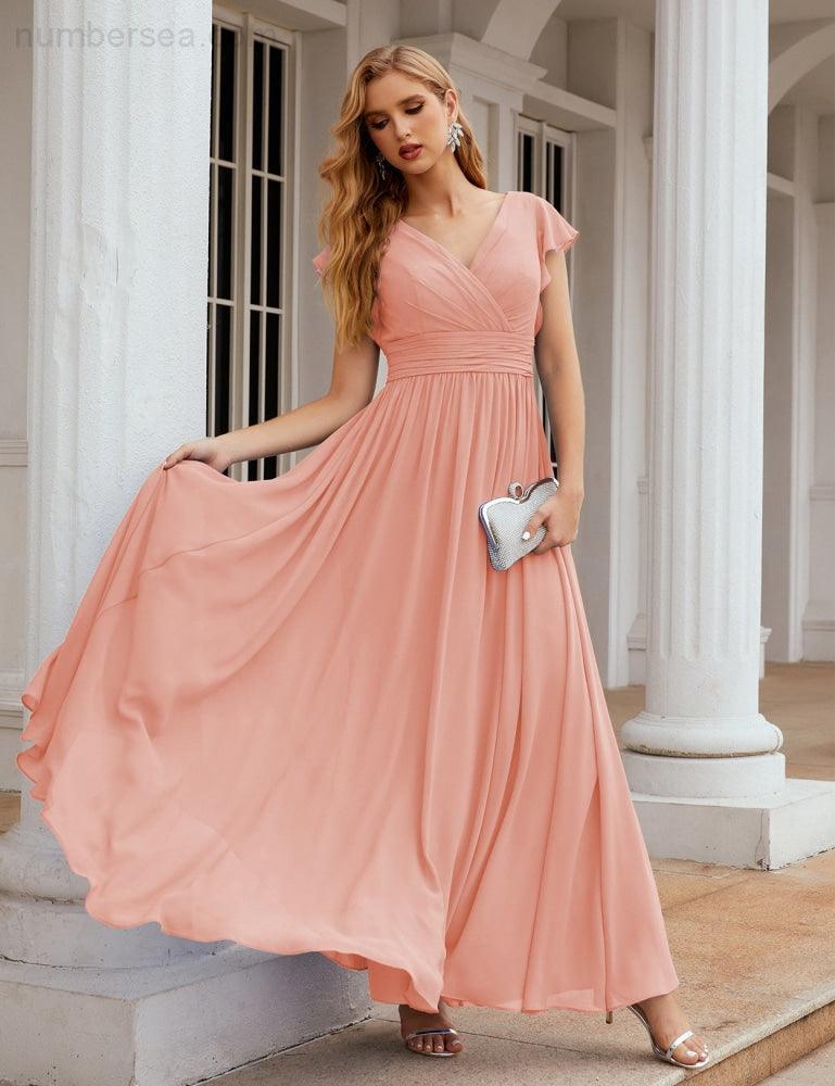 Numbersea V-Neck Bridesmaid Dress Floor Length Backless Formal Evening Dress 28024-numbersea