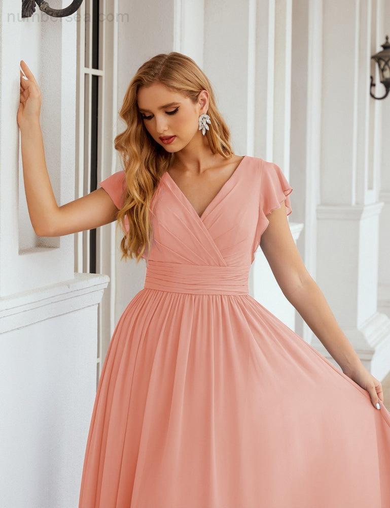 Numbersea V-Neck Bridesmaid Dress Floor Length Backless Formal Evening Dress 28024-numbersea