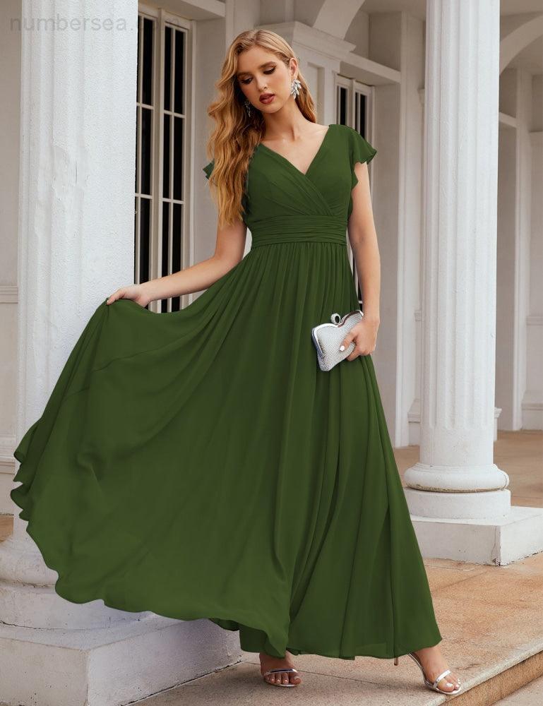 Numbersea V-Neck Bridesmaid Dress Floor Length Backless Formal Evening Dress 28024-numbersea