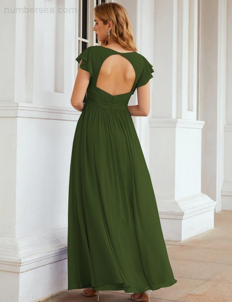 Numbersea V-Neck Bridesmaid Dress Floor Length Backless Formal Evening Dress 28024-numbersea