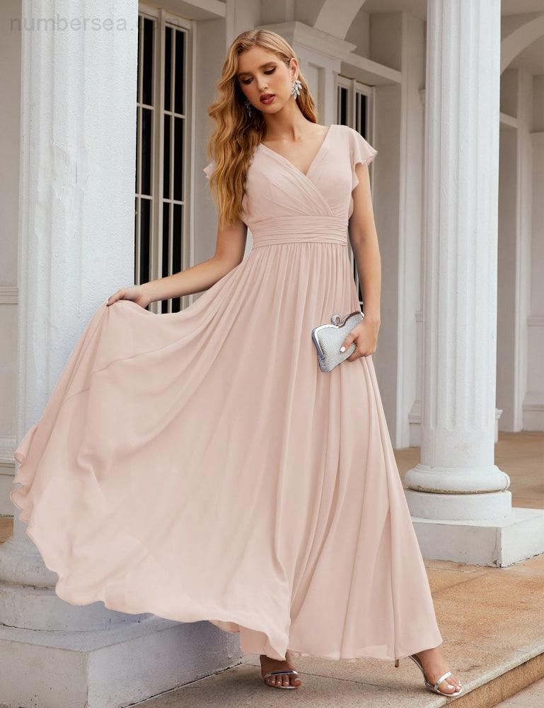 Numbersea V-Neck Bridesmaid Dress Floor Length Backless Formal Evening Dress 28024-numbersea