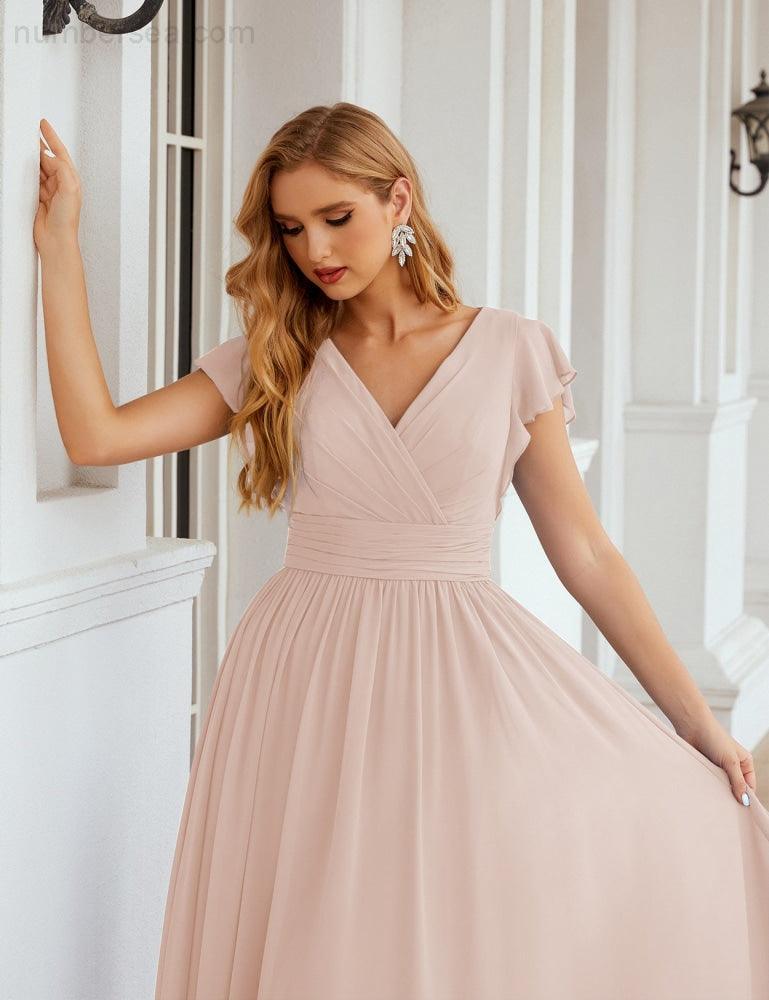 Numbersea V-Neck Bridesmaid Dress Floor Length Backless Formal Evening Dress 28024-numbersea