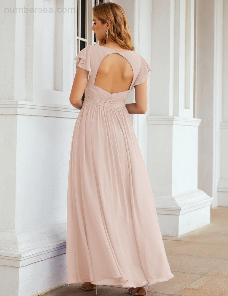 Numbersea V-Neck Bridesmaid Dress Floor Length Backless Formal Evening Dress 28024-numbersea