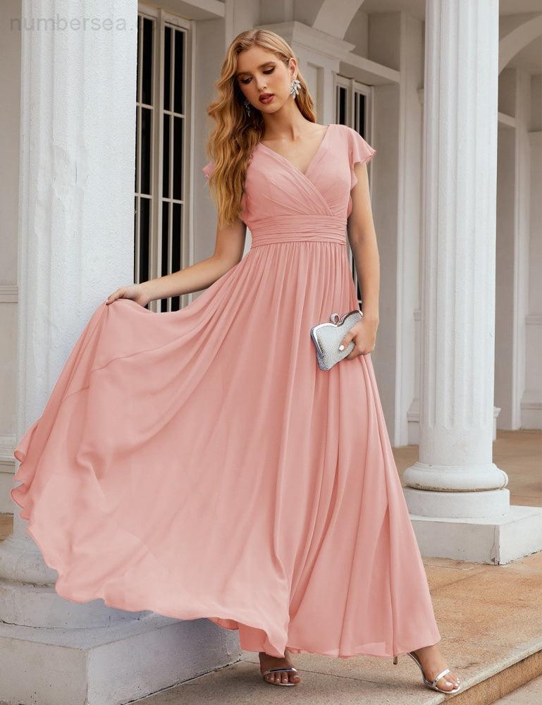 Numbersea V-Neck Bridesmaid Dress Floor Length Backless Formal Evening Dress 28024-numbersea