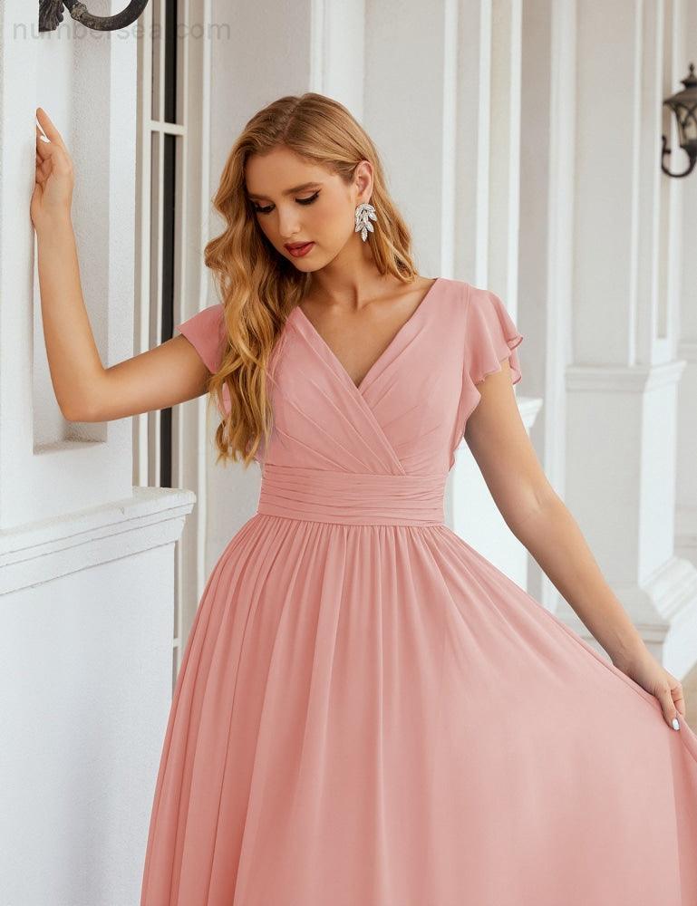 Numbersea V-Neck Bridesmaid Dress Floor Length Backless Formal Evening Dress 28024-numbersea