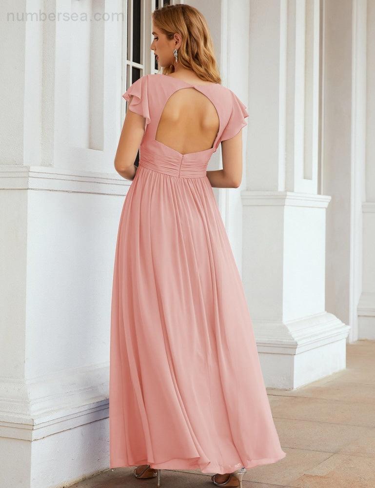 Numbersea V-Neck Bridesmaid Dress Floor Length Backless Formal Evening Dress 28024-numbersea