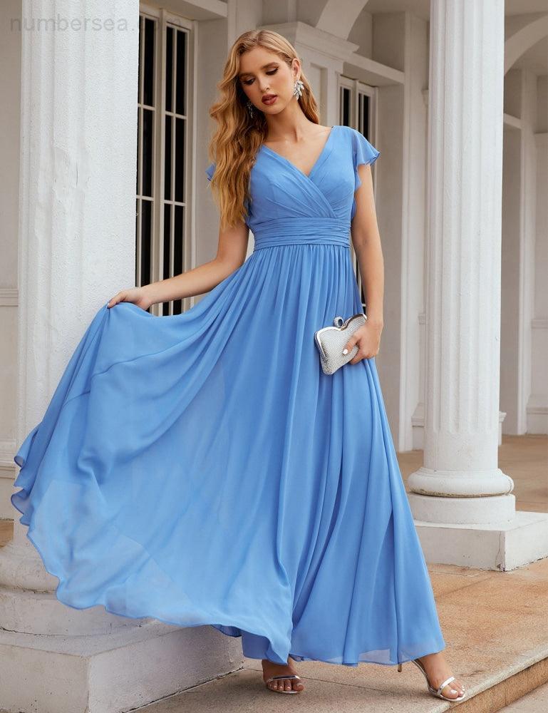 Numbersea V-Neck Bridesmaid Dress Floor Length Backless Formal Evening Dress 28024-numbersea