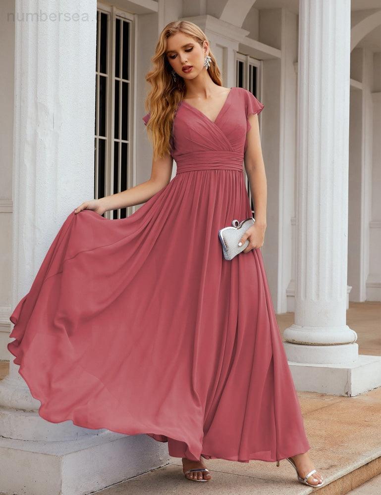 Numbersea V-Neck Bridesmaid Dress Floor Length Backless Formal Evening Dress 28024-numbersea