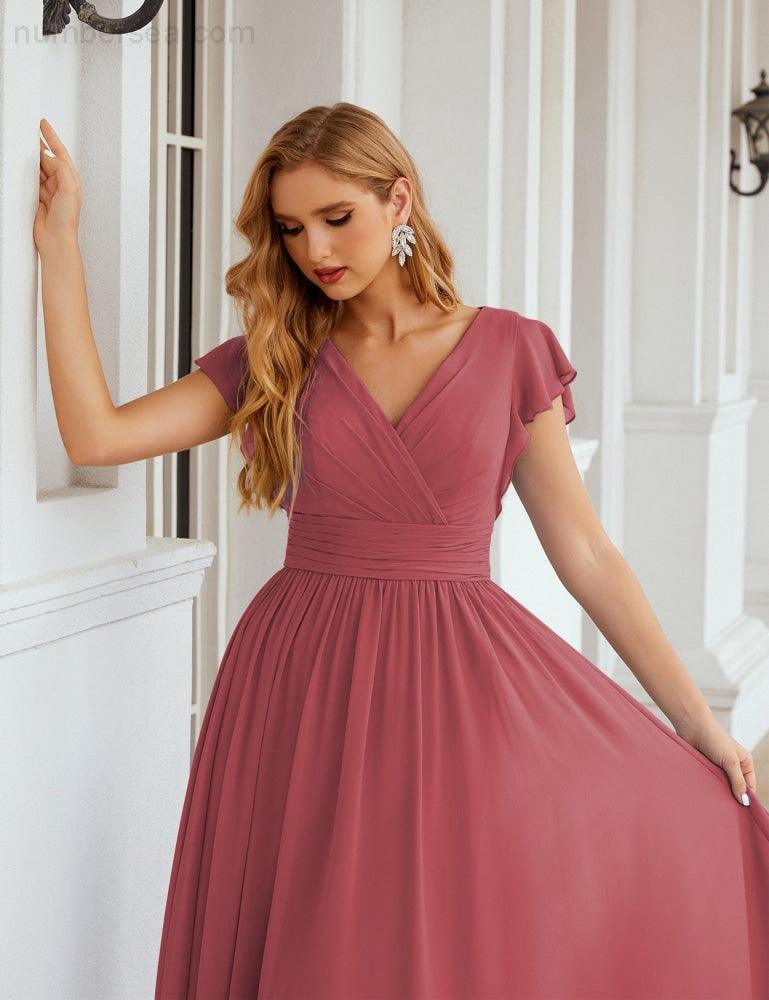 Numbersea V-Neck Bridesmaid Dress Floor Length Backless Formal Evening Dress 28024-numbersea