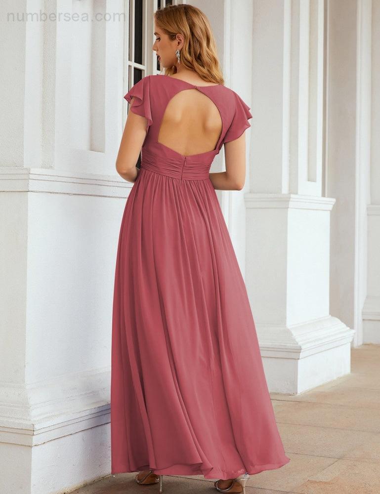 Numbersea V-Neck Bridesmaid Dress Floor Length Backless Formal Evening Dress 28024-numbersea