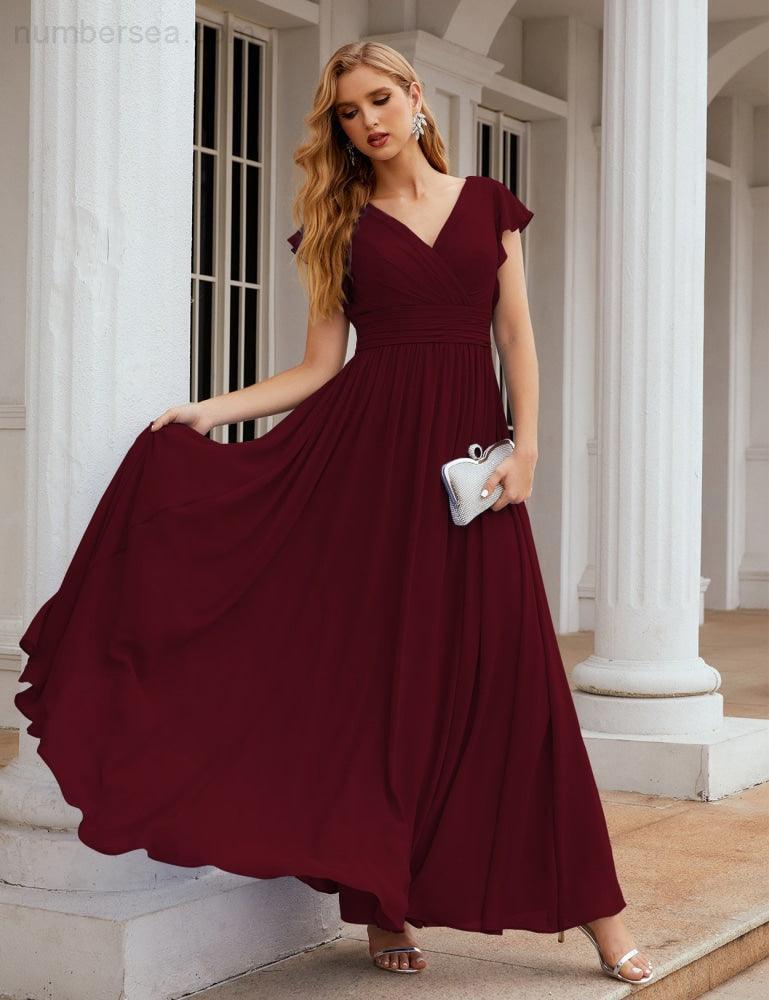 Numbersea V-Neck Bridesmaid Dress Floor Length Backless Formal Evening Dress 28024-numbersea