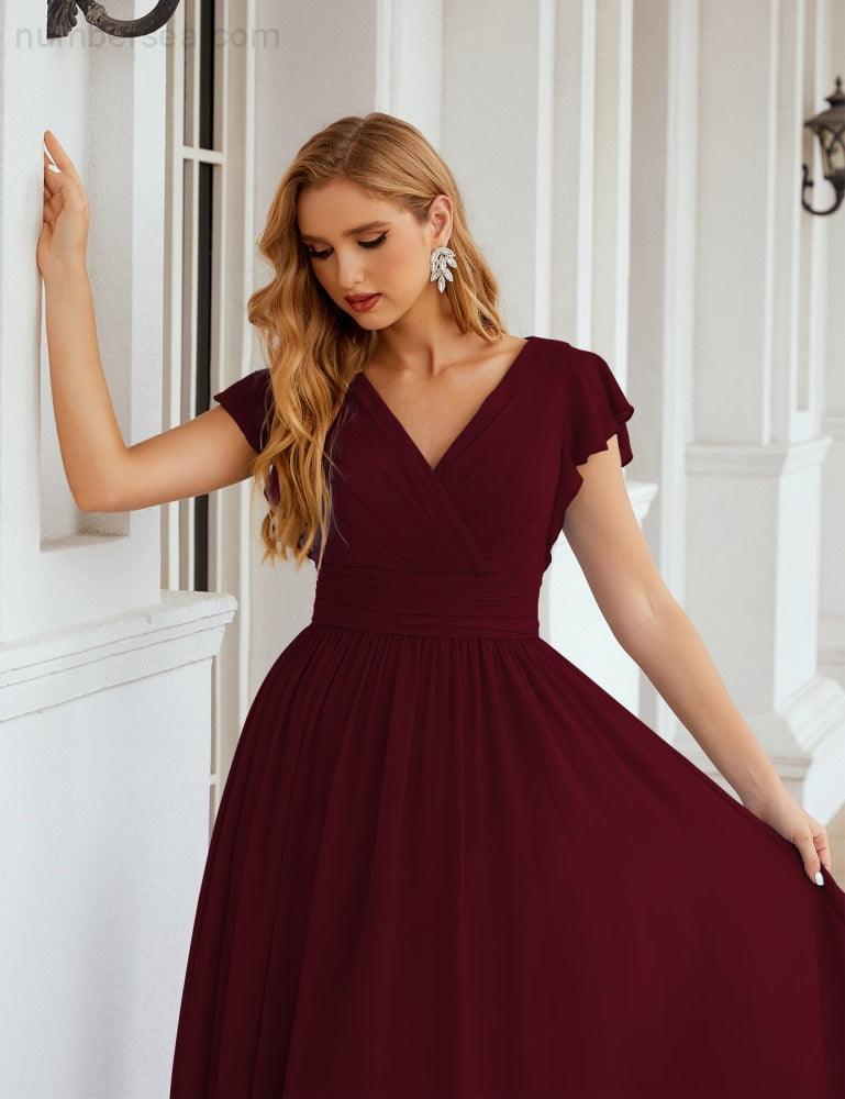 Numbersea V-Neck Bridesmaid Dress Floor Length Backless Formal Evening Dress 28024-numbersea