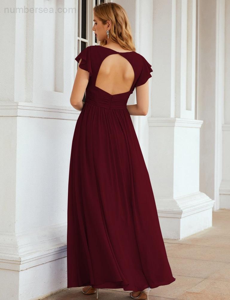 Numbersea V-Neck Bridesmaid Dress Floor Length Backless Formal Evening Dress 28024-numbersea