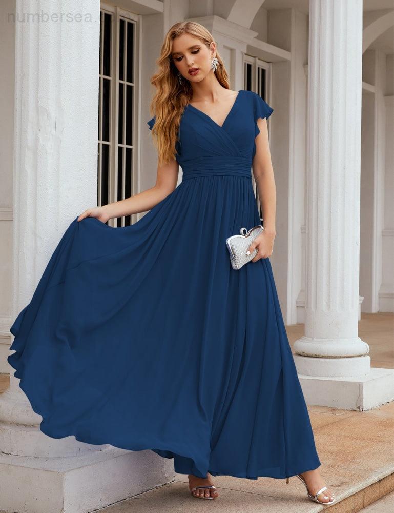 Numbersea V-Neck Bridesmaid Dress Floor Length Backless Formal Evening Dress 28024-numbersea