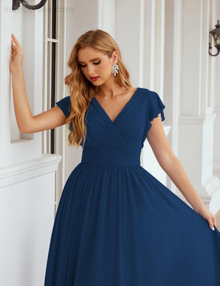 Numbersea V-Neck Bridesmaid Dress Floor Length Backless Formal Evening Dress 28024-numbersea