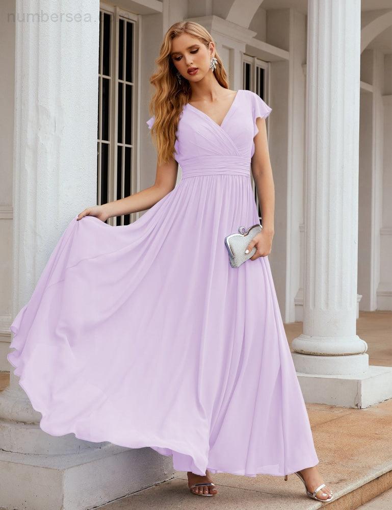 Numbersea V-Neck Bridesmaid Dress Floor Length Backless Formal Evening Dress 28024-numbersea