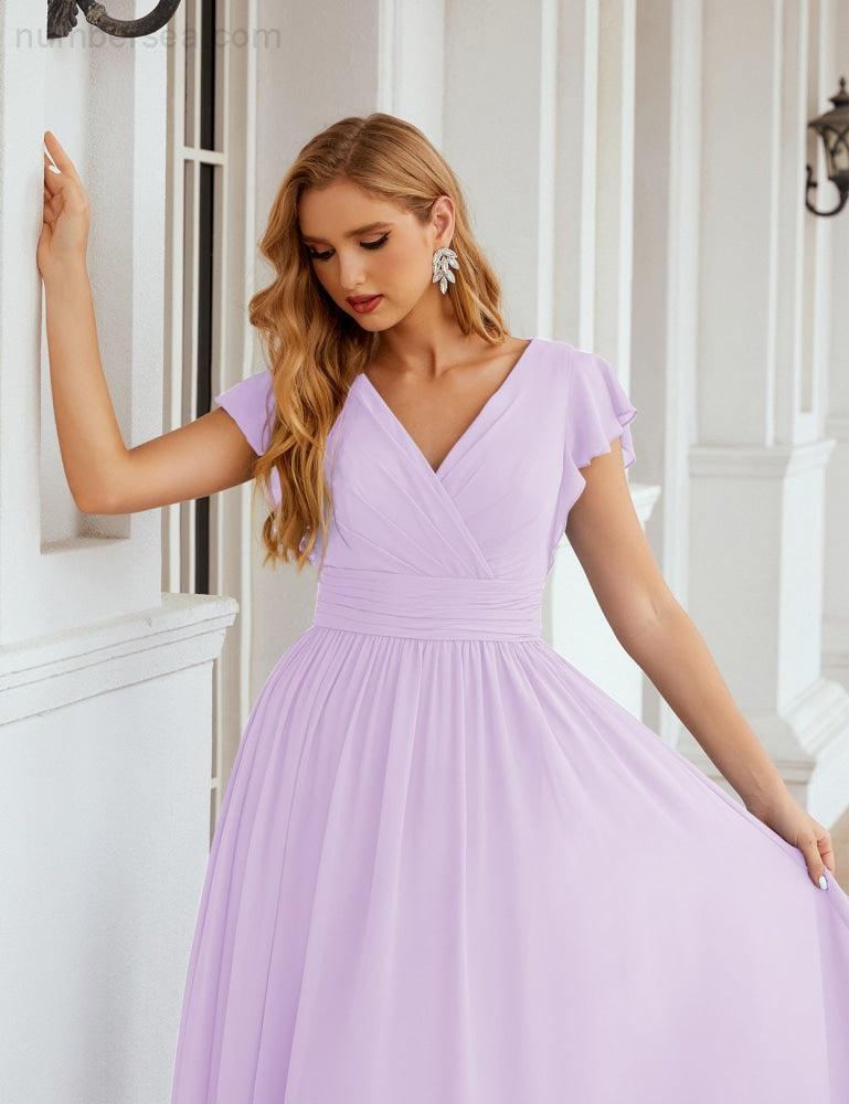 Numbersea V-Neck Bridesmaid Dress Floor Length Backless Formal Evening Dress 28024-numbersea