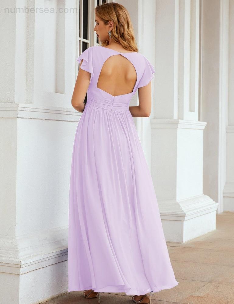 Numbersea V-Neck Bridesmaid Dress Floor Length Backless Formal Evening Dress 28024-numbersea