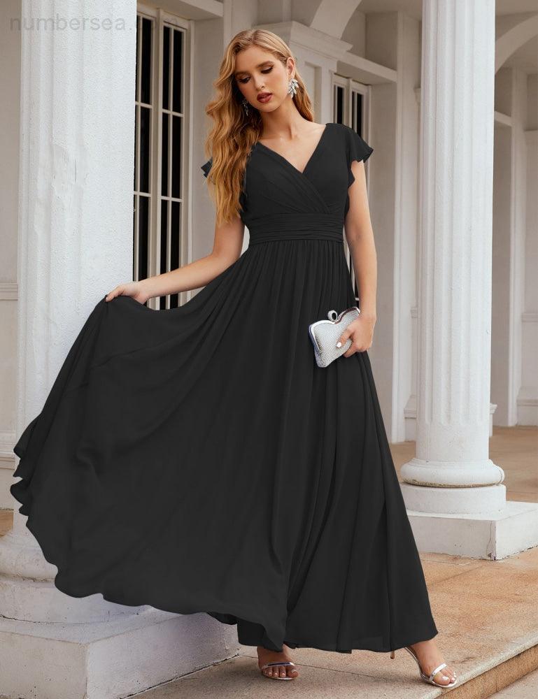 Numbersea V-Neck Bridesmaid Dress Floor Length Backless Formal Evening Dress 28024-numbersea