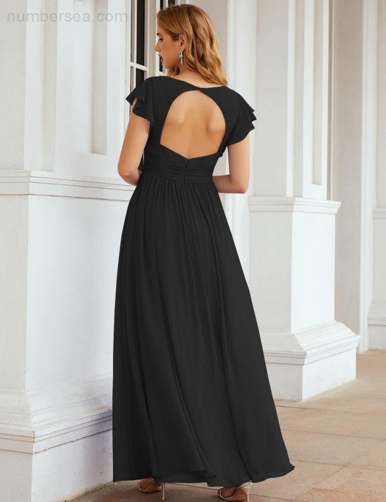 Numbersea V-Neck Bridesmaid Dress Floor Length Backless Formal Evening Dress 28024-numbersea