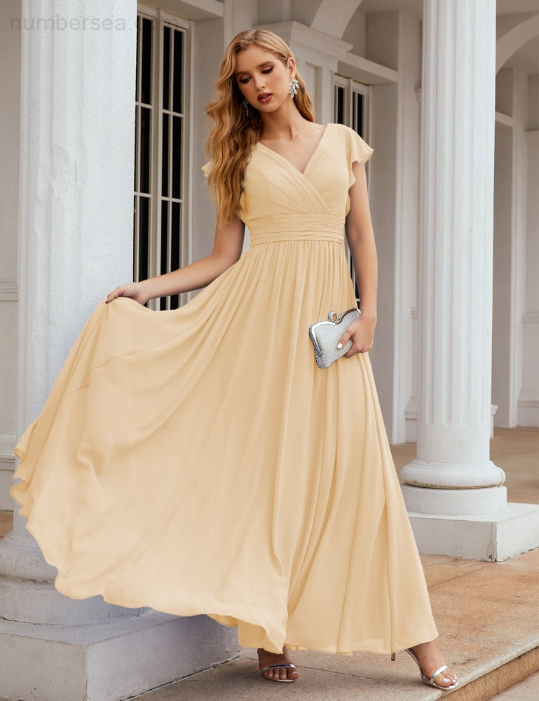 Numbersea V-Neck Bridesmaid Dress Floor Length Backless Formal Evening Dress 28024-numbersea