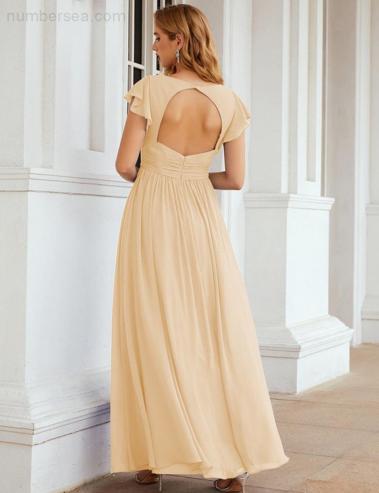 Numbersea V-Neck Bridesmaid Dress Floor Length Backless Formal Evening Dress 28024-numbersea