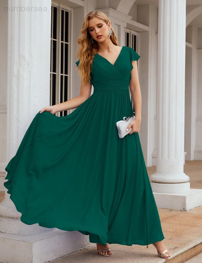 Numbersea V-Neck Bridesmaid Dress Floor Length Backless Formal Evening Dress 28024-numbersea