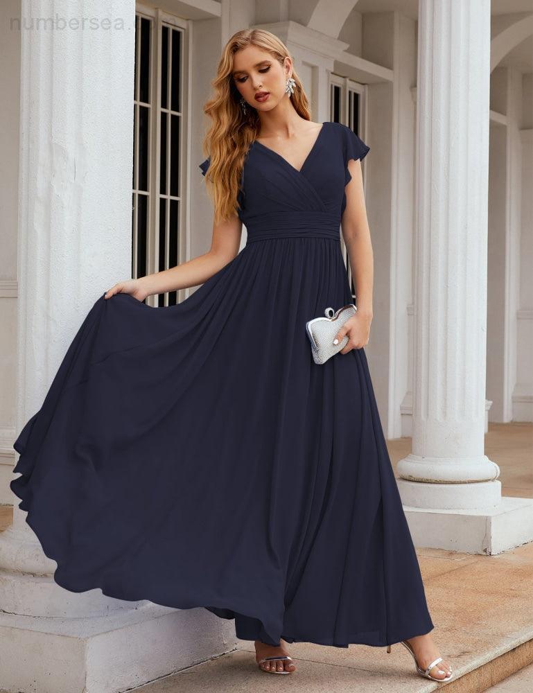 Numbersea V-Neck Bridesmaid Dress Floor Length Backless Formal Evening Dress 28024-numbersea