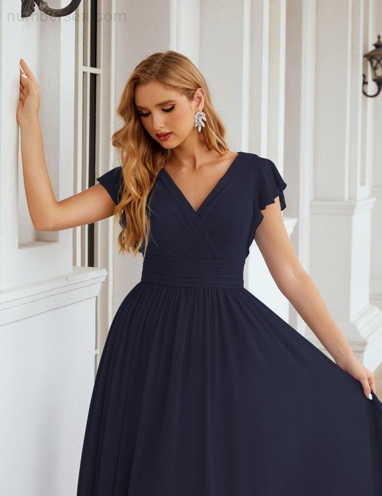 Numbersea V-Neck Bridesmaid Dress Floor Length Backless Formal Evening Dress 28024-numbersea