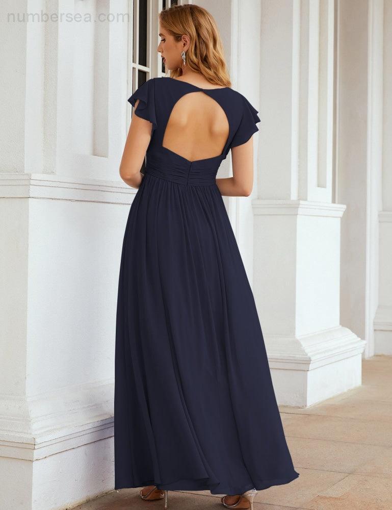 Numbersea V-Neck Bridesmaid Dress Floor Length Backless Formal Evening Dress 28024-numbersea