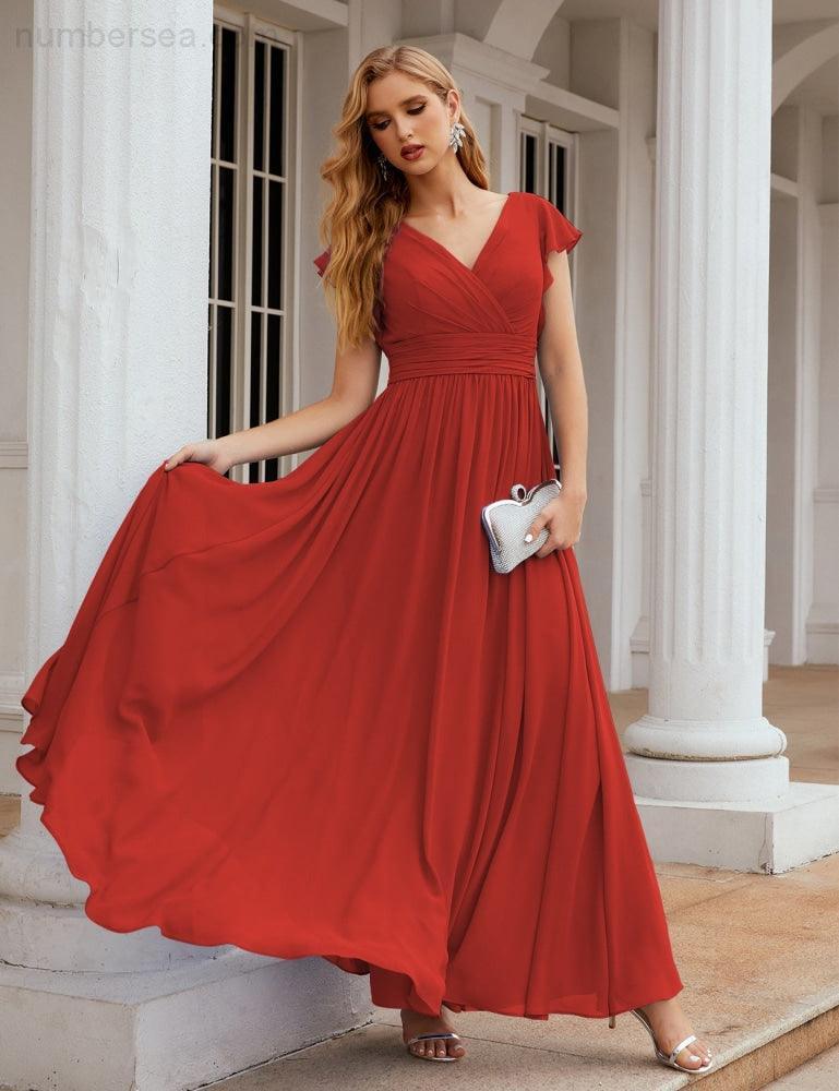 Numbersea V-Neck Bridesmaid Dress Floor Length Backless Formal Evening Dress 28024-numbersea