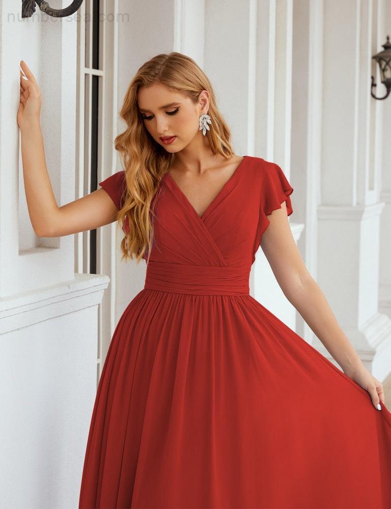 Numbersea V-Neck Bridesmaid Dress Floor Length Backless Formal Evening Dress 28024-numbersea