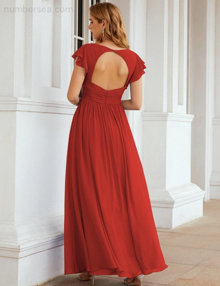Numbersea V-Neck Bridesmaid Dress Floor Length Backless Formal Evening Dress 28024-numbersea