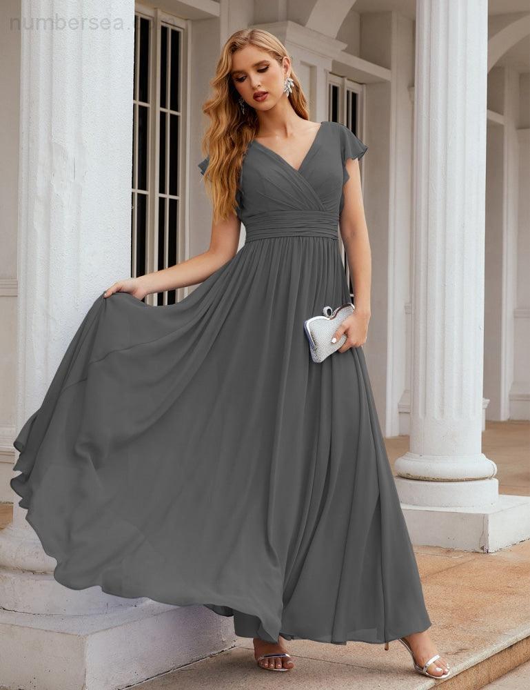 Numbersea V-Neck Bridesmaid Dress Floor Length Backless Formal Evening Dress 28024-numbersea
