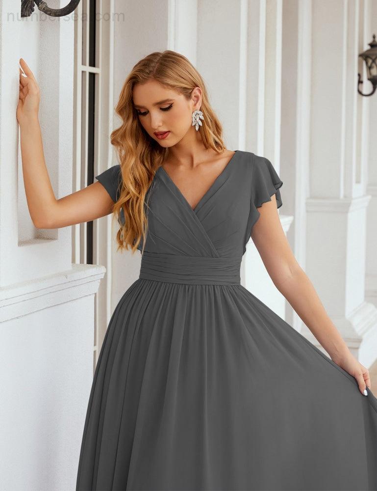 Numbersea V-Neck Bridesmaid Dress Floor Length Backless Formal Evening Dress 28024-numbersea