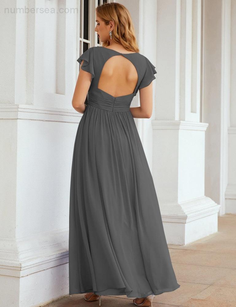 Numbersea V-Neck Bridesmaid Dress Floor Length Backless Formal Evening Dress 28024-numbersea