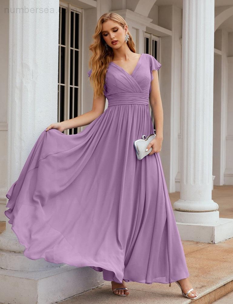 Numbersea V-Neck Bridesmaid Dress Floor Length Backless Formal Evening Dress 28024-numbersea