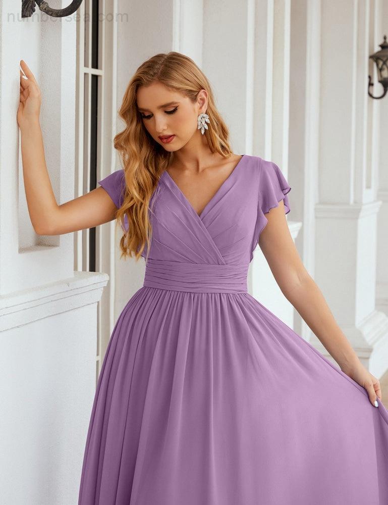 Numbersea V-Neck Bridesmaid Dress Floor Length Backless Formal Evening Dress 28024-numbersea