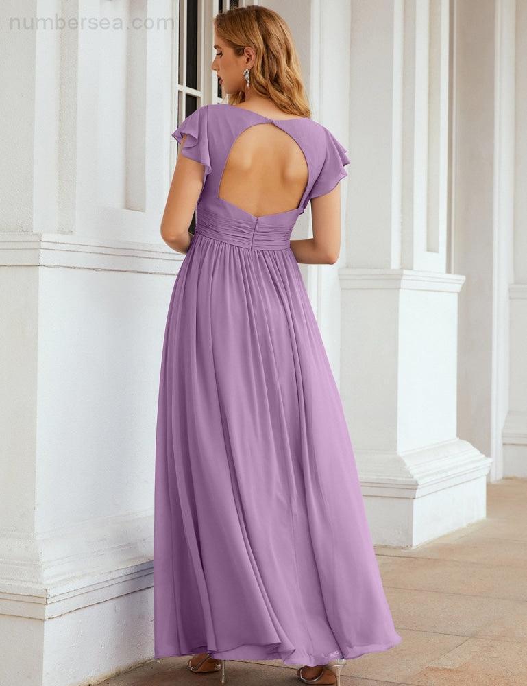 Numbersea V-Neck Bridesmaid Dress Floor Length Backless Formal Evening Dress 28024-numbersea