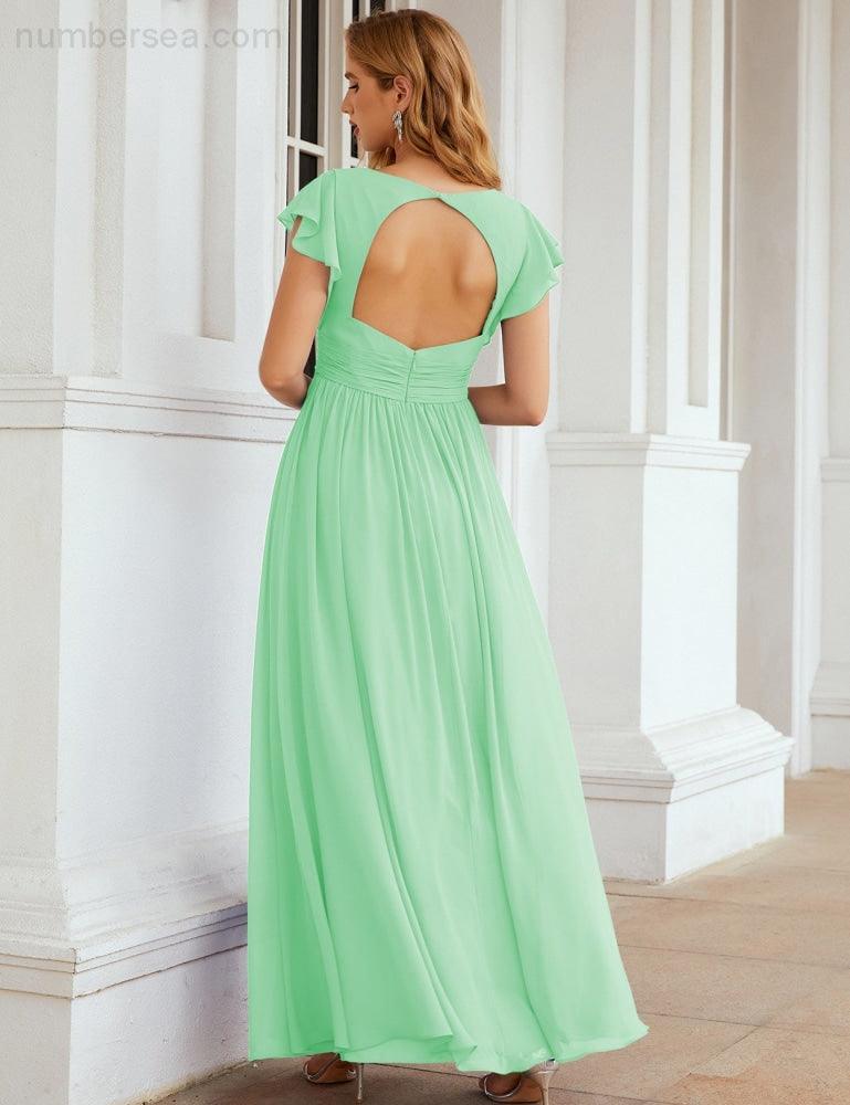 Numbersea V-Neck Bridesmaid Dress Floor Length Backless Formal Evening Dress 28024-numbersea