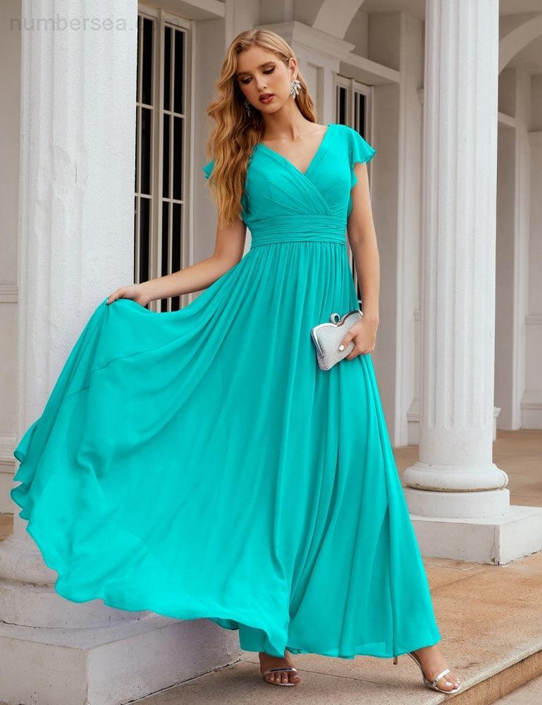 Numbersea V-Neck Bridesmaid Dress Floor Length Backless Formal Evening Dress 28024-numbersea