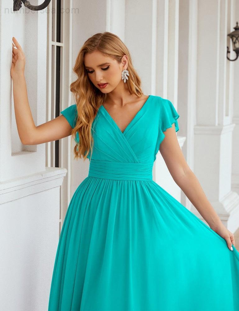Numbersea V-Neck Bridesmaid Dress Floor Length Backless Formal Evening Dress 28024-numbersea