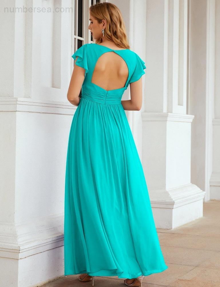 Numbersea V-Neck Bridesmaid Dress Floor Length Backless Formal Evening Dress 28024-numbersea
