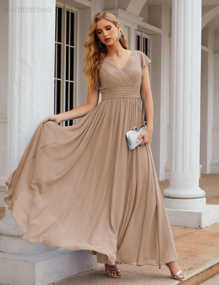 Numbersea V-Neck Bridesmaid Dress Floor Length Backless Formal Evening Dress 28024-numbersea