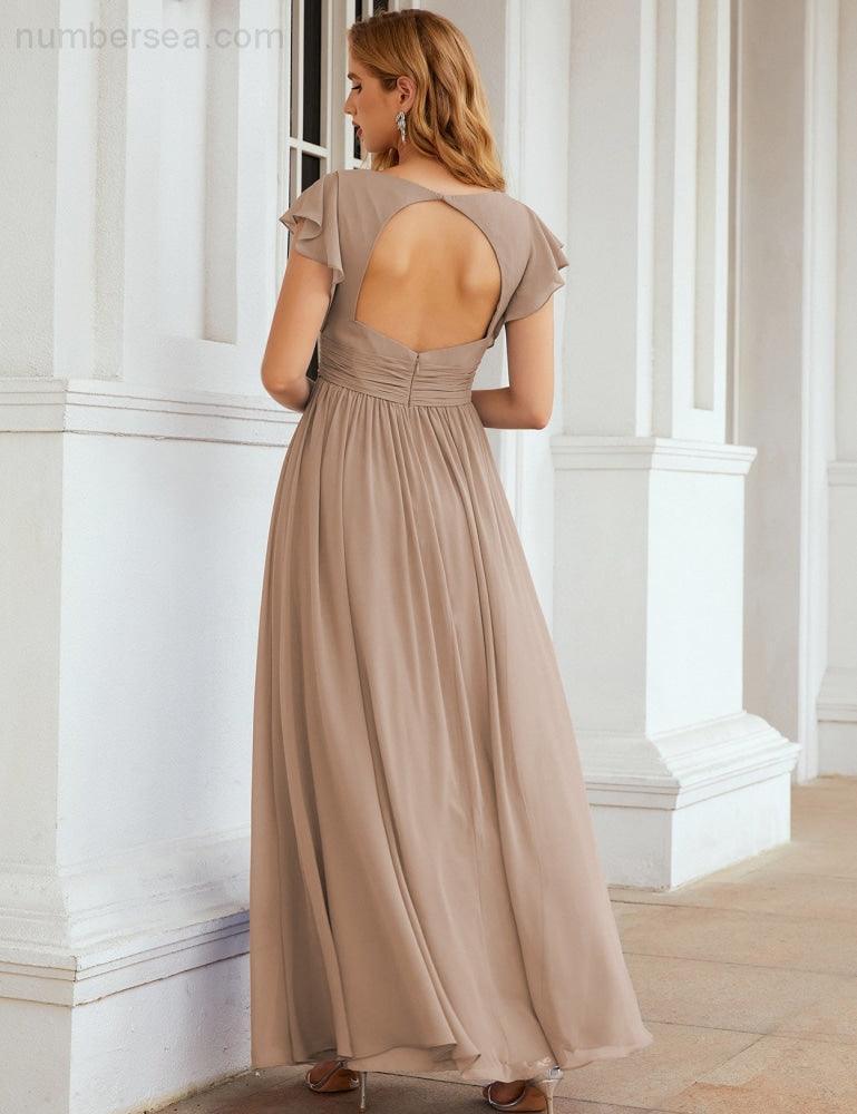 Numbersea V-Neck Bridesmaid Dress Floor Length Backless Formal Evening Dress 28024-numbersea