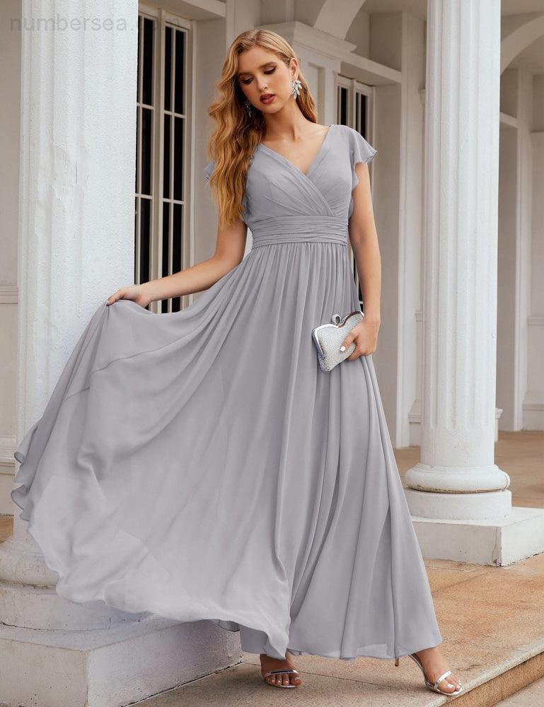 Numbersea V-Neck Bridesmaid Dress Floor Length Backless Formal Evening Dress 28024-numbersea