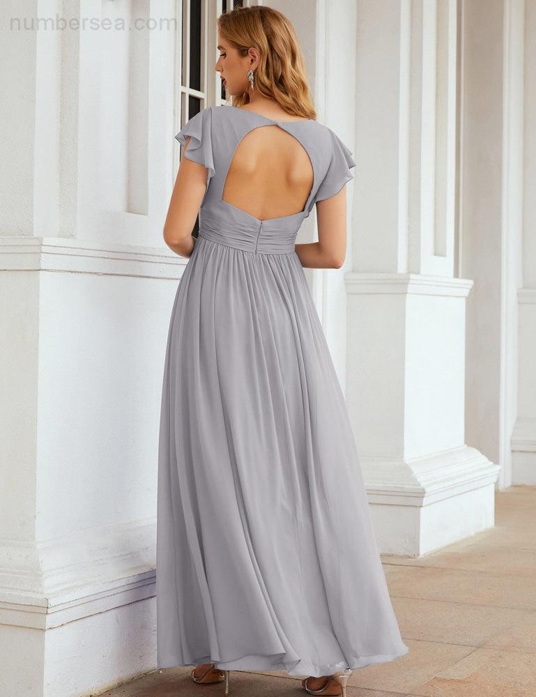 Numbersea V-Neck Bridesmaid Dress Floor Length Backless Formal Evening Dress 28024-numbersea