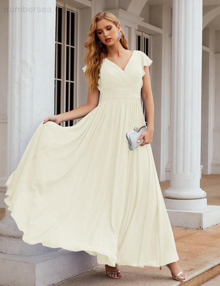 Numbersea V-Neck Bridesmaid Dress Floor Length Backless Formal Evening Dress 28024-numbersea