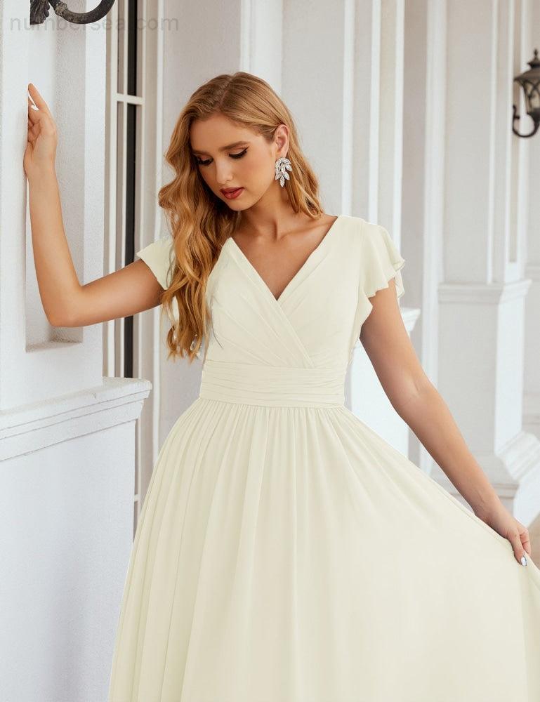 Numbersea V-Neck Bridesmaid Dress Floor Length Backless Formal Evening Dress 28024-numbersea