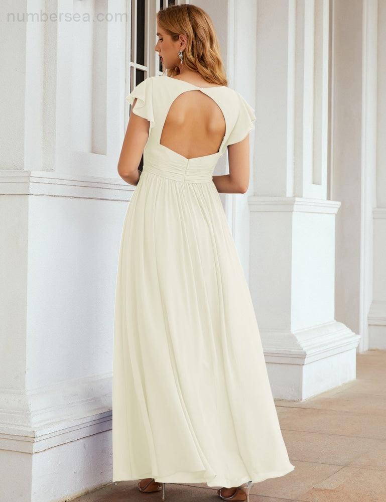 Numbersea V-Neck Bridesmaid Dress Floor Length Backless Formal Evening Dress 28024-numbersea